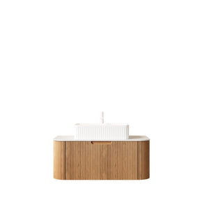 English Elm Dina Floating Bathroom Vanity Sintered Stone Top Glass Basin Striped Plywood Cabinet W2615S00161