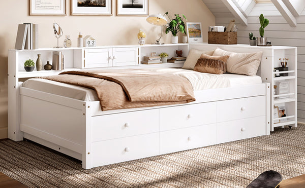 English Elm Twin Daybed Pine Frame with Trundle Desk Hutch Shelves and Storage for Kids Rooms White W1580S00458