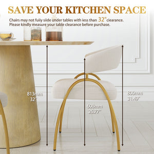 English Elm Dining Chair Set with Curved Back Gold Metal Frame Upholstered Fabric Seat Pair Beige W1567P343436