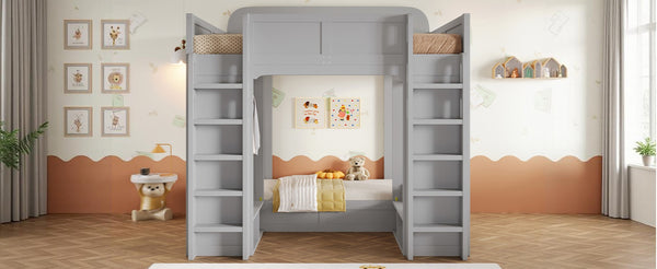 English Elm Triple Bunk Bed Wood Frame with Built in Shelves Hooks for Shared Kids Rooms Gray N7090004027E
