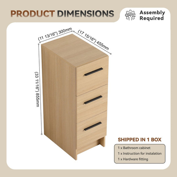 English Elm 12" Wall-mounted Oak Plywood Bathroom Linen Cabinet Slim Floating Single Door Storage W3450P440610
