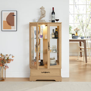 English Elm Glass Lighted Curio Cabinet with Adjustable Glass Shelves, 2 Doors 1 Drawer, Oak Finish, Bulb Included and Anti-Tip Safety Strap for Secure Display of Collectibles W2275P178890