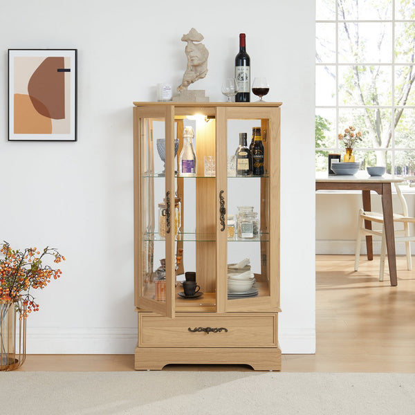 English Elm Glass Lighted Curio Cabinet with Adjustable Glass Shelves, 2 Doors 1 Drawer, Oak Finish, Bulb Included and Anti-Tip Safety Strap for Secure Display of Collectibles W2275P178890