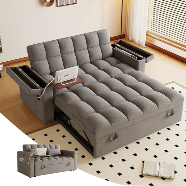 English Elm 65-inch Velvet Convertible Sleeper Sofa with Usb Port Storage Armrests Adjustable Back Dark Gray W2564S00115