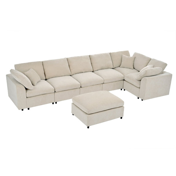 English Elm U_style Seven Seat Modular Sectional Chenille Sofa with Ottoman Pine Frame Living Room Beige WY000469AAA