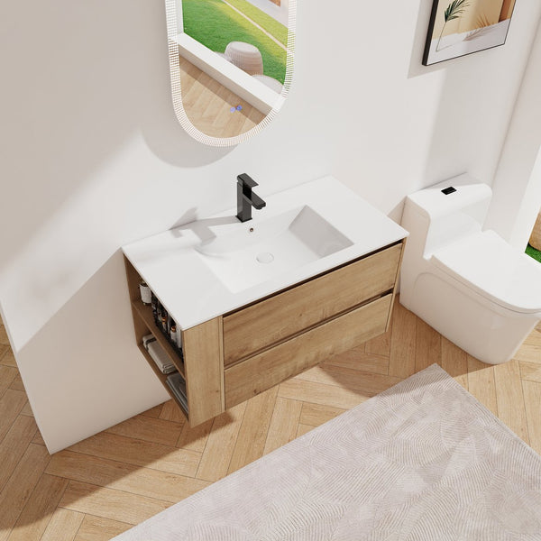 English Elm 36" Wall Mounting Bathroom Vanity With Ceramic Sink, Side Adjustable Shelf, Soft-Close Drawers, Water-Resistant Plywood Finish W999S00142