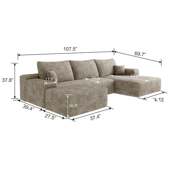 English Elm 107"Cloud Plush Corduroy Sectional Sofa with Ottoman No-Assembly Modular U-Shaped Deep Seat Comfort and Versatile Living Room Solution Camel W2824S00054