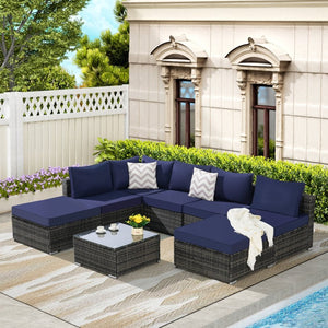 English Elm 8 Piece Modular Wicker Sectional Set with Tempered Glass Table for Patio Resort Style Dark Blue W874S00058