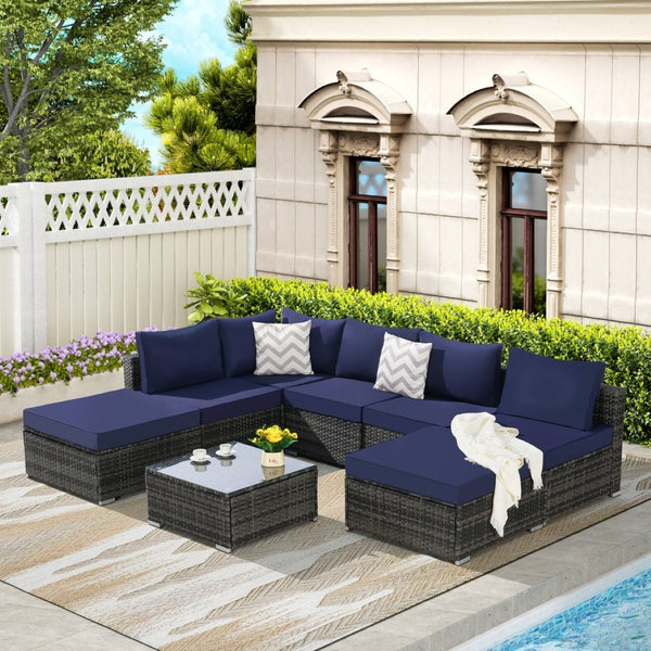 English Elm 8 Piece Modular Wicker Sectional Set with Tempered Glass Table for Patio Resort Style Dark Blue W874S00058