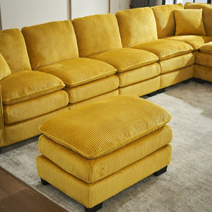 English Elm Modern U Shaped 6-Seat Sectional Sofa with Ottoman and 3 Toss Pillows, Corduroy Modular Comfort and Durable Frame Yellow W2363S00040