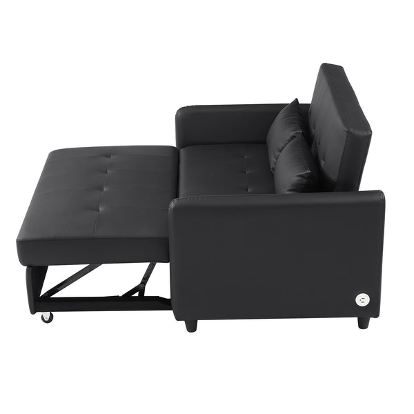English Elm Orisfur. Convertible Sleeper Bed Loveseat with 3 USB Ports, PU Leather, Compact Design for Small Spaces Black N719S001700B