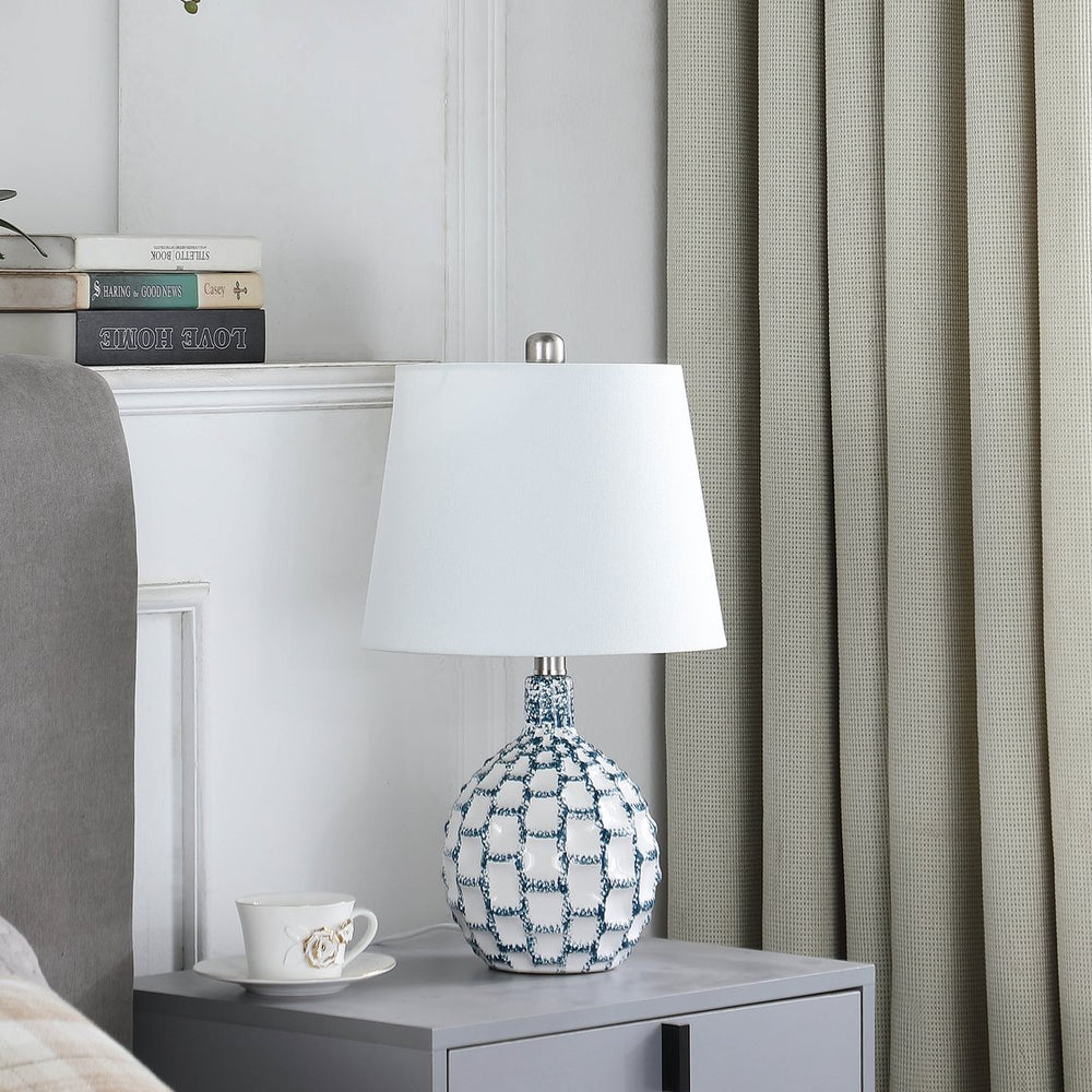 English Elm 19.5" Marin Coastal Ceramic Table Lamp in Blue-Green & White Geometric Base with Off-White Shade, UL B072P222427