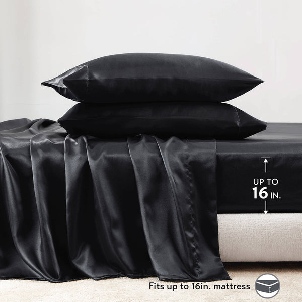 English Elm 4 Luxury Satin Twin Sheet Set - 100% Polyester, Soft Smooth 90g Finish, Deep Pocket Fit & Breathable Comfort Black 11.81 L x 9.84 W x 3.15 H B035P319692