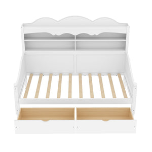 English Elm Twin Daybed Retro Wood Frame with Under Bed Drawers and Headboard Shelving White N733S415358K