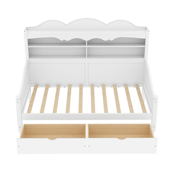 English Elm Twin Daybed Retro Wood Frame with Under Bed Drawers and Headboard Shelving White N733S415358K