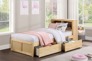English Elm Modern Twin Platform Bed with Bookcase Headboard in Warm Natural Pine Wood Finish B011S02423