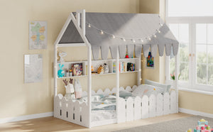 English Elm {slats Are Not Included} Twin Montessori House Floor Bed Kids Tent Lights Shelves Pinewood Frame White N708P407962K