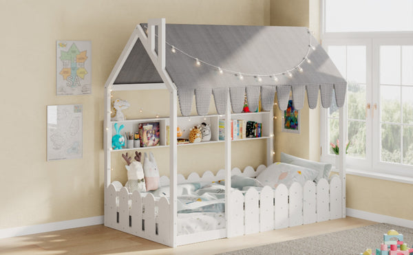 English Elm {slats Are Not Included} Twin Montessori House Floor Bed Kids Tent Lights Shelves Pinewood Frame White N708P407962K