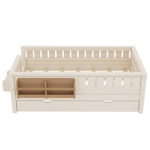 English Elm Twin Kids Platform Bed with Trundle Staircase Bookshelf and Rounded Safety Rails Beige W1580S00556