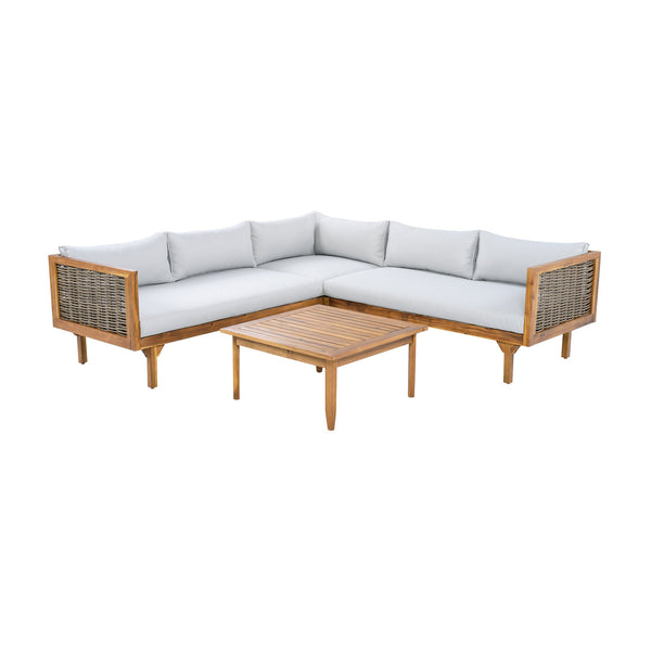 English Elm Christopher Knight Home® - SECTIONAL Modern Outdoor Seating Group with Waterproof Cushions, Acacia Wood Frame and Wicker Elegance Brown Mix,Light Gray,Teak N770P278610L_N770P278612L