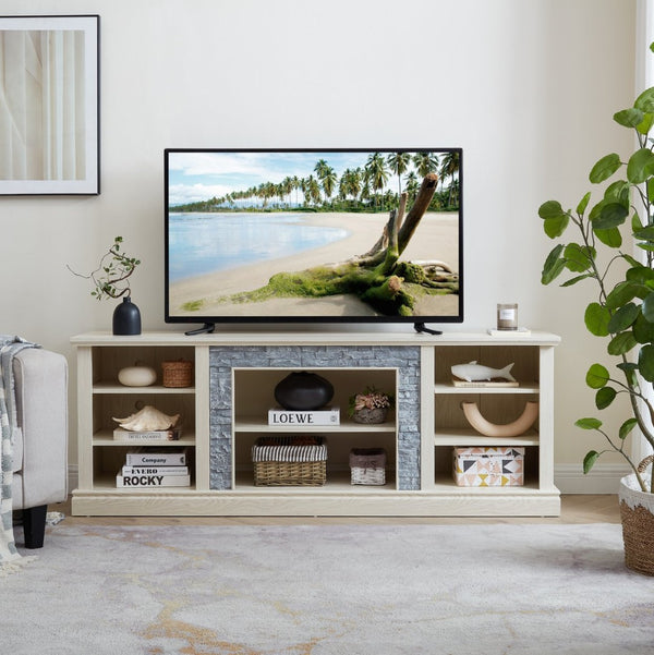 English Elm Large White Media Console with Faux Stone Surround and Enclosed Cabinet Storage W2275P389710