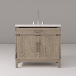 English Elm Grey Oak Single-Sink Vanity With Hand-Finished Carrara Marble Top & Polished Chrome Faucet Set B2731P259797