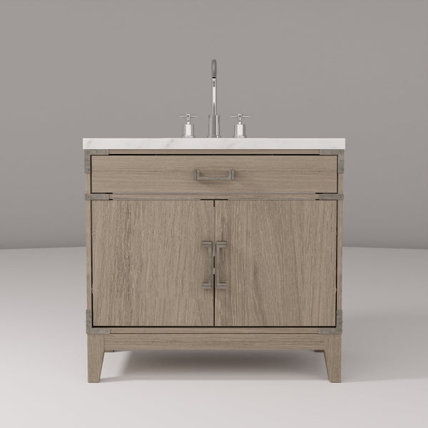 English Elm Grey Oak Single-Sink Vanity With Hand-Finished Carrara Marble Top & Polished Chrome Faucet Set B2731P259797