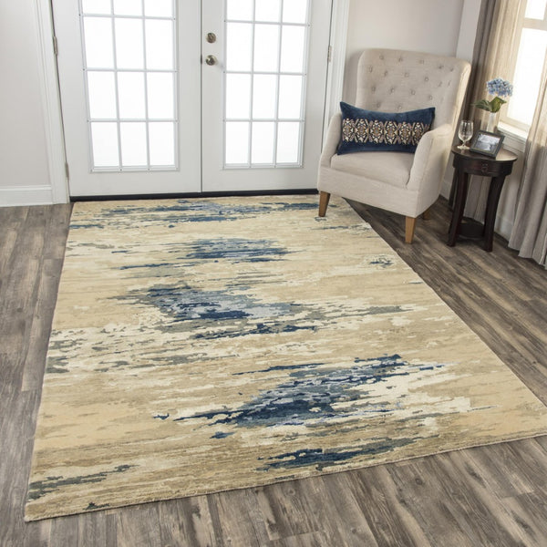 Alora Decor Noble Hand-Knotted Abstract Rug In Blue And Beige — Hand-Spun Wool & Viscose, Textured Luxury 9' x 12' 01101110404330912