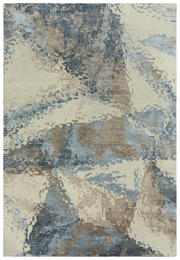 Alora Decor Noble Hand-Knotted Beige Rug With Viscose Sheen, Abstract Blue & Taupe Stripes, Durable Wool Finish 9' x 12' 01101111304090912
