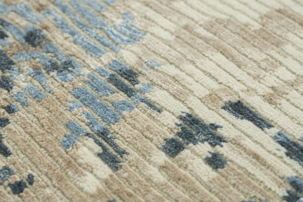 Alora Decor Noble Hand-Knotted Beige Rug With Viscose Sheen, Abstract Blue & Taupe Stripes, Durable Wool Finish 9' x 12' 01101111304090912