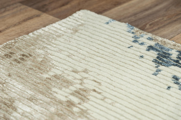 Alora Decor Noble Hand-Knotted Beige Rug With Viscose Sheen, Abstract Blue & Taupe Stripes, Durable Wool Finish 9' x 12' 01101111304090912