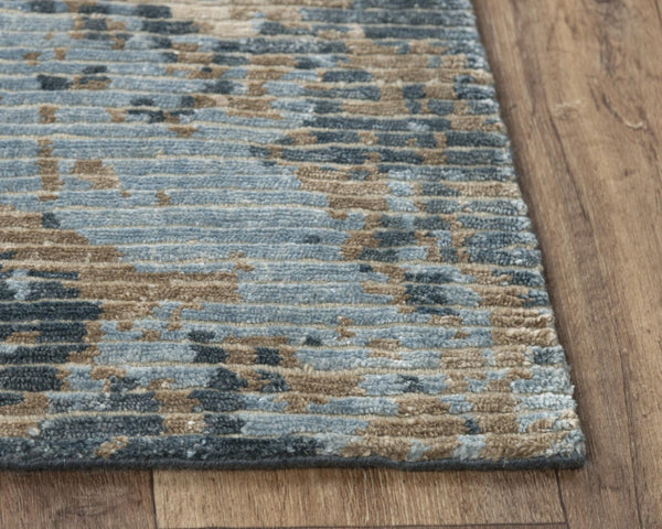 Alora Decor Noble Hand-Knotted Beige Rug With Viscose Sheen, Abstract Blue & Taupe Stripes, Durable Wool Finish 9' x 12' 01101111304090912