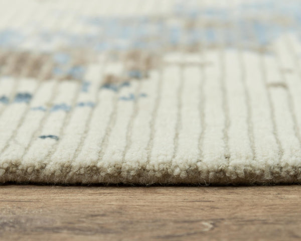 Alora Decor Noble Hand-Knotted Beige Rug With Viscose Sheen, Abstract Blue & Taupe Stripes, Durable Wool Finish 9' x 12' 01101111304090912