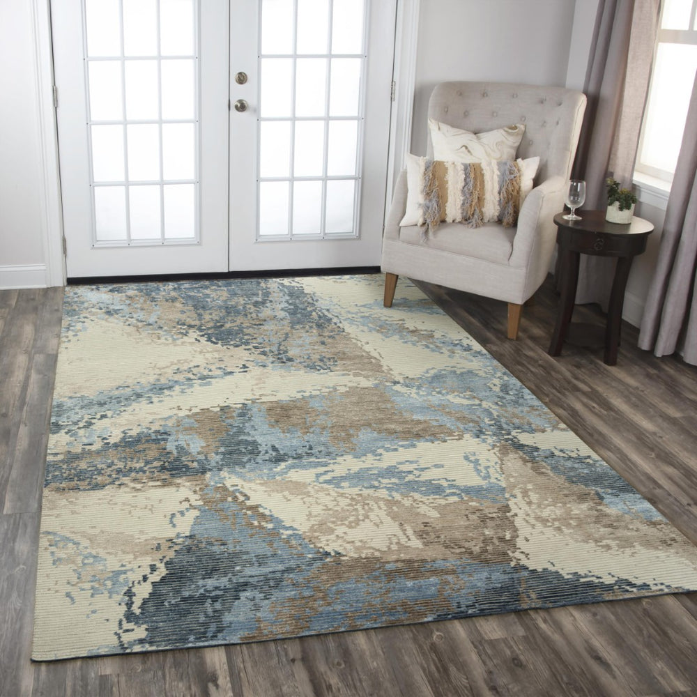 Alora Decor Noble Hand-Knotted Beige Rug With Viscose Sheen, Abstract Blue & Taupe Stripes, Durable Wool Finish 9' x 12' 01101111304090912