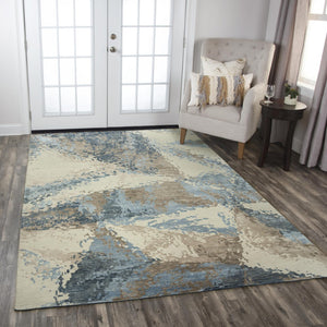 Alora Decor Noble Hand-Knotted Beige Rug With Viscose Sheen, Abstract Blue & Taupe Stripes, Durable Wool Finish 9' x 12' 01101111304090912
