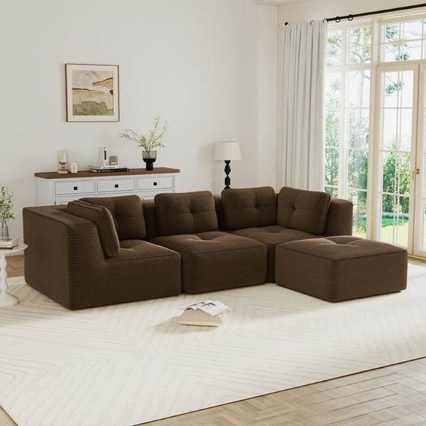 English Elm Modern Corduroy Sectional Sofa Tufted 3 Seater with Movable Ottoman Deep Seat Brown W714S01808