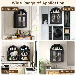 English Elm Wall Mounted Arched Cabinet Tempered Glass Doors Led Lighting Adjustable Shelves Bathroom Black T3210P471555