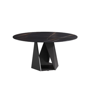 English Elm 59.05" Round Marble Dining Table - Elegant Artificial Marble Top, Black Iron Base For 6-8 Guests W1535S00402