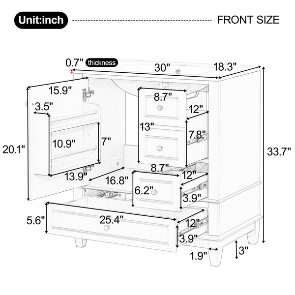 English Elm Christopher Knight Home® - 30" Freestanding Bathroom Vanity with Ceramic Sink, Soft-Close Door, Gold Knobs & 3 Drawers, Durable Painted Finish White N759P225994K