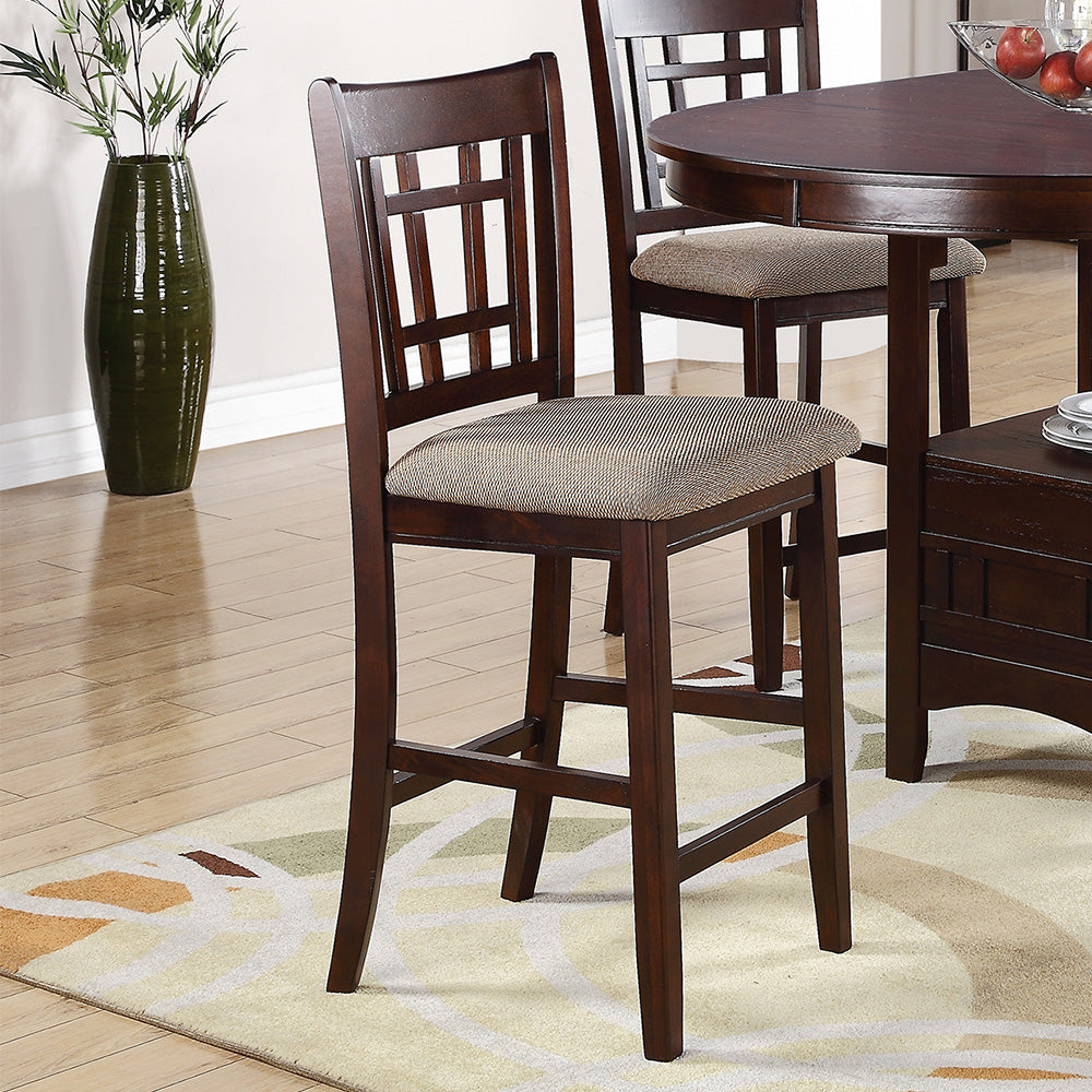 English Elm Neena Solid Wood Counter Height Chair Set of 2 with Beige Cushions, Brown Finish & Adjustable Footrests SR011205