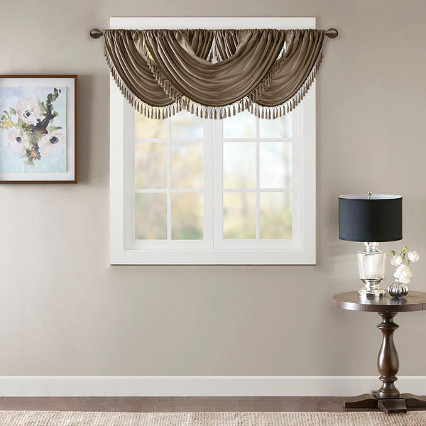 JLA Home Madison Park - Faux Silk Waterfall Valance with Tassel Trim, Lined Rod-Pocket Design for Hotel-Quality Window Styling Bronze MP41-4955