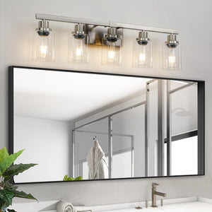 English Elm Modern 5-Light Bathroom Vanity Light Fixture - Brushed Nickel Finish With Clear Glass Shades, Perfect For Bathroom, Vanity, and Dressing Area Lighting (No Bulbs)