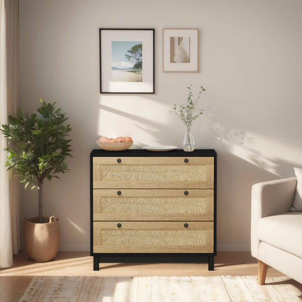 English Elm 30.31"3-Drawers Woven Rope Front Storage Cabinet, Black Accent Chest for Bedroom, Living Room, Hallway W757P151925