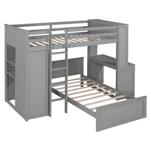 English Elm Twin Loft Bed System with Wardrobe Desk and Shelving for Kids Shared Bedroom Gray LT000820AAE-1