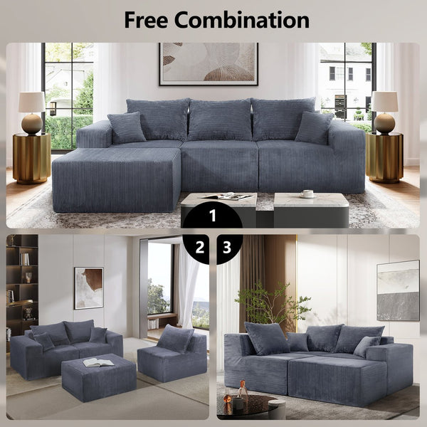 English Elm 4-Piece Modular L-Shaped Sectional Sofa with Corduroy Upholstery, Convertible Chaise, Pillows Included Grey W3163S00037