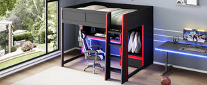 English Elm Wood Full Size Gaming Loft Bed With Desk, Wardrobe, Led Lighting, And Storage Drawer, Black Finish N7090004011B-GIGA