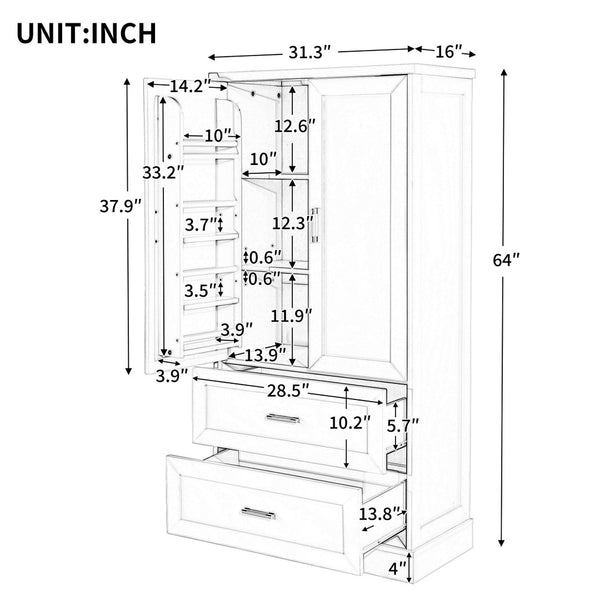 English Elm Tall White Mdf Bathroom Storage Cabinet with Adjustable Shelves and Two Lower Drawers N725S178675K