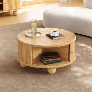 English Elm Round Fluted Pine Wood Coffee Table with Hidden Sliding Door Storage for Living Room Natural N735P369879N