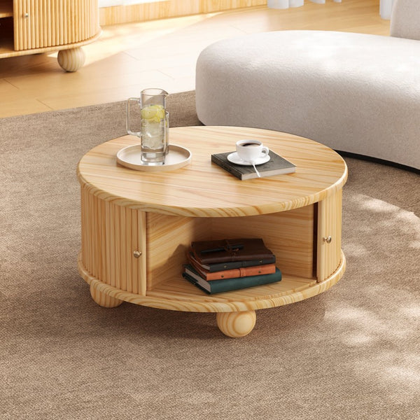English Elm Round Fluted Pine Wood Coffee Table with Hidden Sliding Door Storage for Living Room Natural N735P369879N