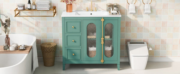 English Elm 36-inch Modern Bathroom Vanity Pine Frame Ceramic Sink 3 Drawers Glass Door Cabinet N710P223192F